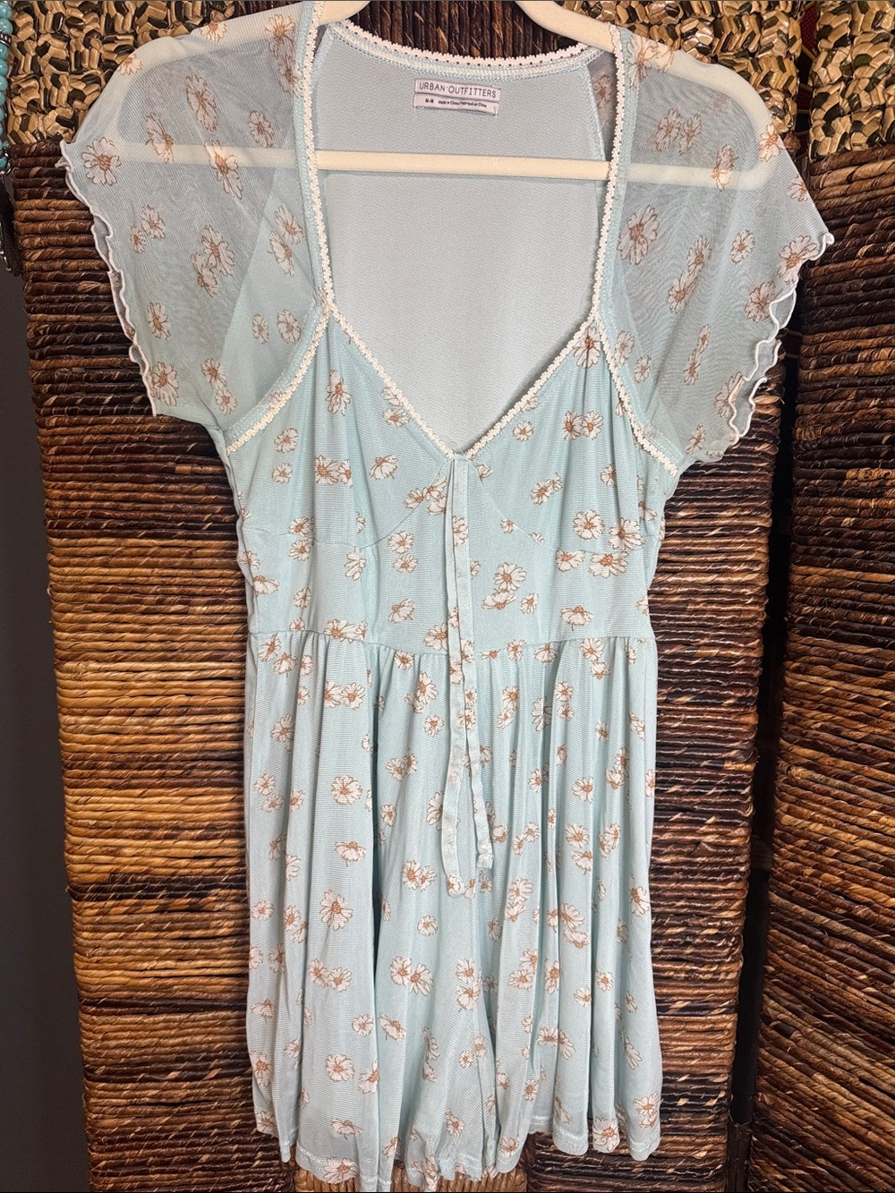 Urban Outfitters Light Blue Floral Lace-Trim Romper